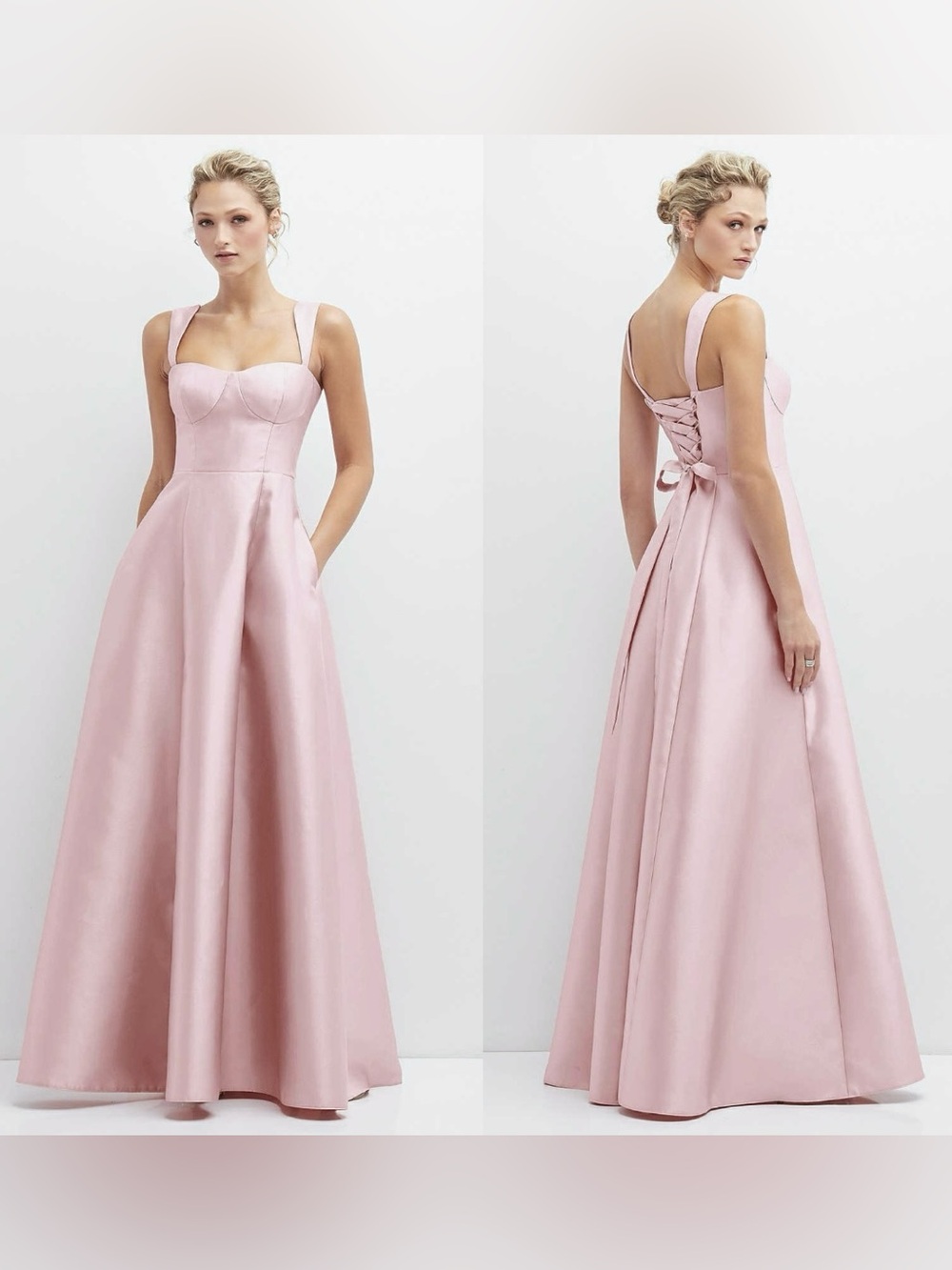 ALFRED SUNG Bustier Satin Maxi Dress Size 14 Ballet Pink Pockets Formal Wedding